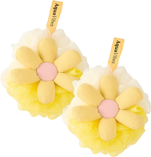 Bath Loofah Sponge- Mesh Pouf Flower Shaped Body Scrubber, Duo Pack – Exfoliating Shower Sponge for Women, Gift in Beauty Bathing Accessories...