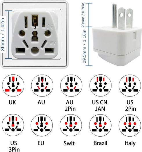 US Plug Adapter for USA, EU, UK, Australia, JP, Asia, Italy, Swiss - Convert Round to Flat Pin to USA Type B 3-Prong Male Plug Wall Outlet Power C...