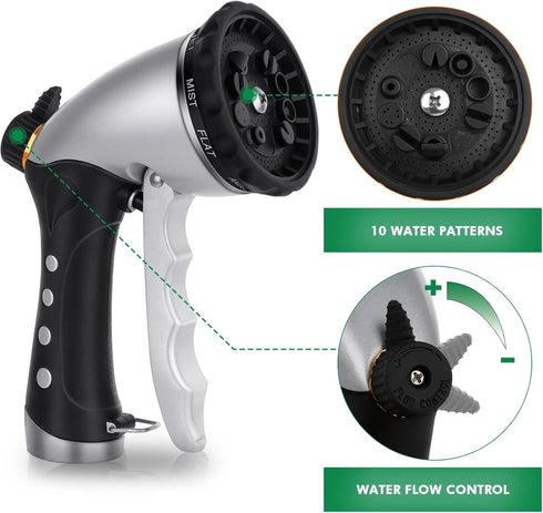 RESTMO Garden Hose Nozzle Sprayer, Heavy Duty Metal Water Hose Nozzle with 10 Different Spray Patterns, High Pressure Hand Sprayer for Watering Pl...