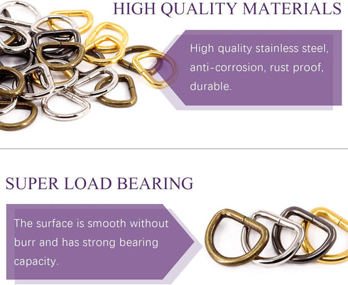 Swpeet 120Pcs 1/2 Inch - 13mm 4Colors Multi-Purpose Metal D Ring Semi-Circular D Ring for Hardware Bags Ring Hand DIY Accessories (Mixed Color, 1/...