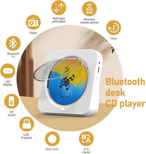 CD Player Portable with Bluetooth 5.1 Transmitter and Reciever Desktop CD Player with HiFi Sound Speakers,Remote Control,Dust Cover,LED Display,Bo...