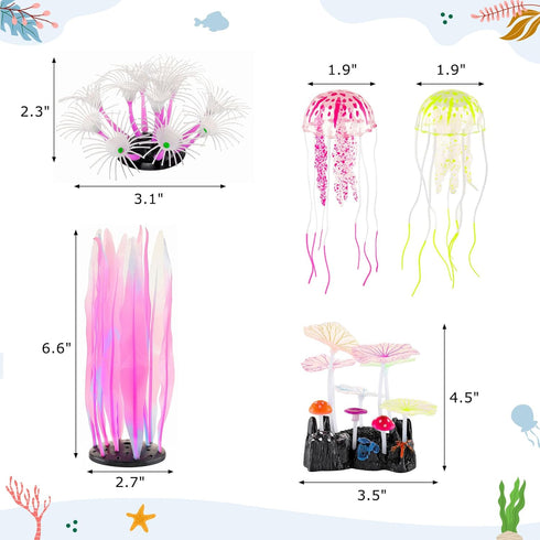 Lpraer 5 Pack Glow Aquarium Decorations Kelp Coral Mushroom Sun Flower Jellyfish Simulation Glow Plant Glowing Effect Silicone for Fish Tank Decor...