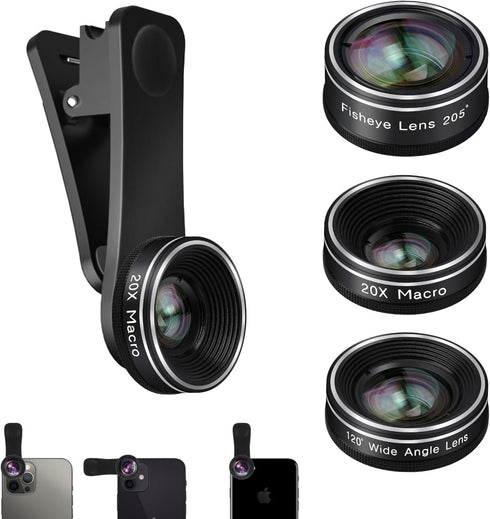 Phone Camera Lens, 198 Fisheye Lens + 120 Super Wide-Angle Lens + 20x Macro Lenses Camera Photography Accessories kit Gadgets for iPhone Samsung A...