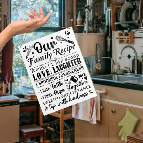 UDNADKEX Funny Kitchen Wall Hanging Sign Decor, Our Family Recipe, Home Kitchen Dining Room Wooden Sign Decor Kitchen Wall Decoration, Kitchen Gif...