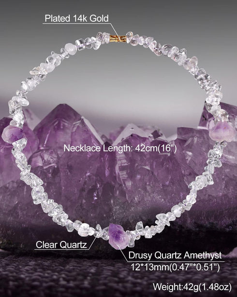 Drusy Quartz Amethyst Clear Quartz Choker Necklace for Women Healing Crystal Yoga Balance Meditation Chip Tumbled Gemstone Jewelry Gift...