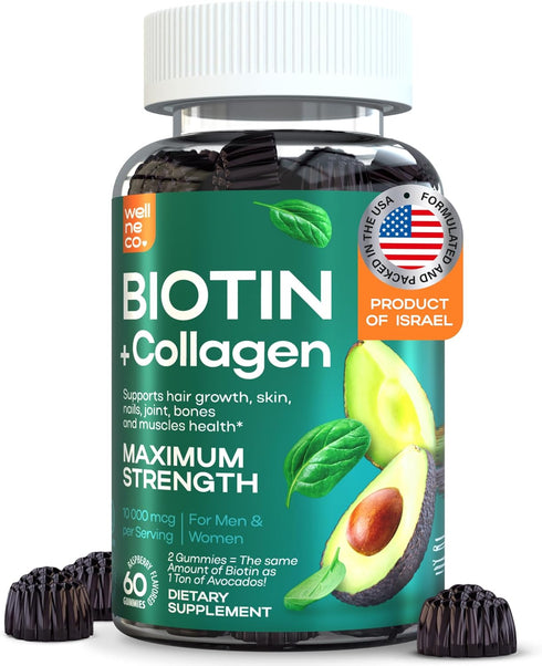 Biotin 10000mcg - Biotin Gummies for Hair Growth, Healthy Skin and Nails, Max Strength - Non-GMO and Gluten Free Biotin Vitamins - Biotin and Coll...