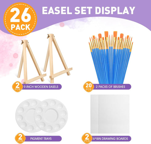 AROIC 26 PCS Professional Painting Set with Easels, 2 Wood Easels,20 Brushes with Nylon Brush Head,2 Drawing Boardart and 2 Palette, Painting Supp...