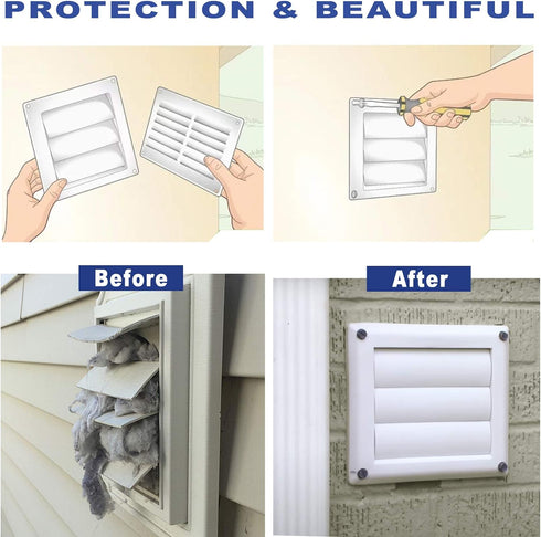 4 Inch White Plastic Louvered Outdoor Vent Cover With Stainless Steel Grille Screen for Dryer, Exhaust Vent cover Widely Used for Dryers and Houses Wall to Keep Rain, Snow, Wind or Birds
