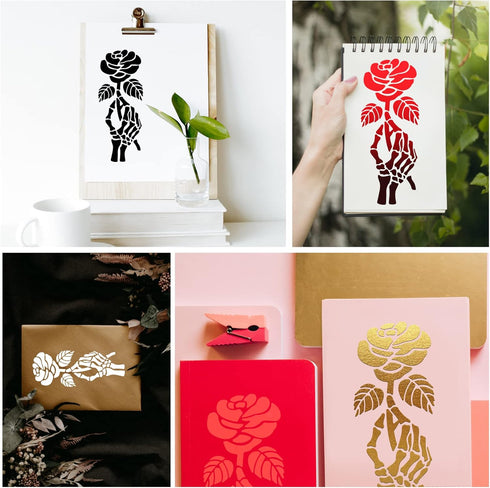 BENECREAT Stainless Steel Flower Stencil Templates, Reusable Rose and Skull Hand Painting Template Journal Tool for Wood Burning Pyrography Engrav...