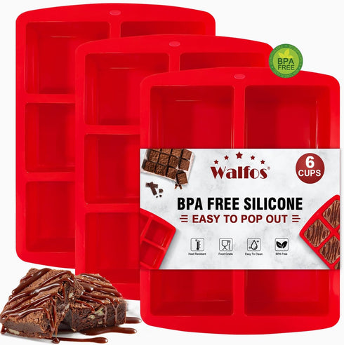 Walfos Mini Silicone Brownie Pan - 3 Piece 6-Cavity Non-stick Square Baking Pan, Perfect for Mini Brownies, Cornbread, Muffin and Cakes, BPA Free ...
