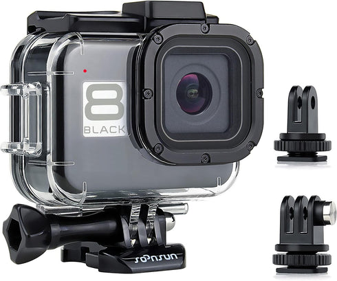 SOONSUN Waterproof Housing Case for GoPro Hero 8 Black, Built-in Dual Cold Shoe Slots and Includes 2 Clod Shoe Mount Adapters, 196 Ft Underwater P...