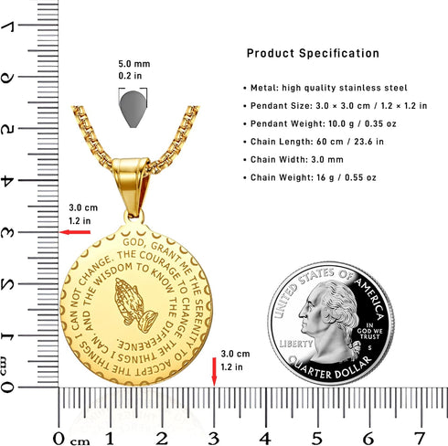 Serenity Prayer Necklace with Praying Hands Coin Pendant for Men Women Lords Prayer Bible Verse Courage Wisdom Stainless Steel 24 inches...