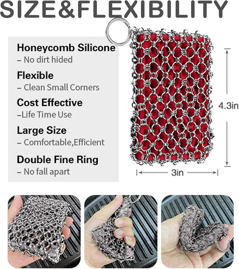 Herda 316L Cast Iron Scrubber Cleaner, Large Cast Iron Chain Mail Scrubber - Chainmail Scrubber Sponge - Metal Skillet Scrubbing, Wok, Dutch Oven ...
