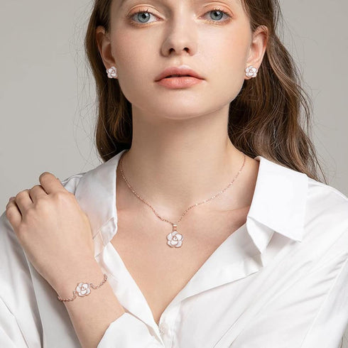 EleQueen Rose Flower Necklace Earrings Bracelet Set 14K White Rose Gold Plated Hypoallergenic Jewelry Sets Gift for Women Girls...