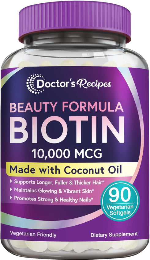 Doctor's Recipes Biotin 10,000 mcg, Hair Growth, Healthy Skin & Nails, Energy Metabolism, Vegetarian-Friendly Biotin, with Coconut Oil, Non-GMO, 3...