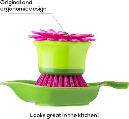 Vigar Flower Power Pink Palm Dish Brush with Holder, 5-3/4-Inches by 3-3/4-Inches, Pink, Green...