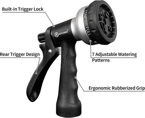AUTOMAN-Garden-Hose-Nozzle, ABS Water Spray Nozzle, 7 Adjustable Watering Patterns, Slip Resistant for Watering Plants, Lawn& Garden, Washing Cars...