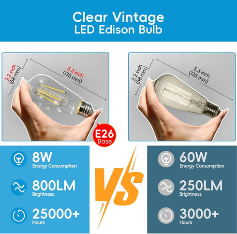 Edison LED Light Bulbs 8Watt Dimmable Light Bulbs 5000K Daylight White, E26 LED Bulb 60watt Equivalent, LED Vintage Bulbs 800lm CRI 90 Clear Glass...