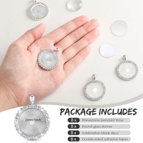 Hicarer 32 Pcs Sublimation Necklace Blank Round Rhinestone Bezel Pendant Trays Set with Glass Domes Sublimation Blank Discs Double Sided Adhesive ...