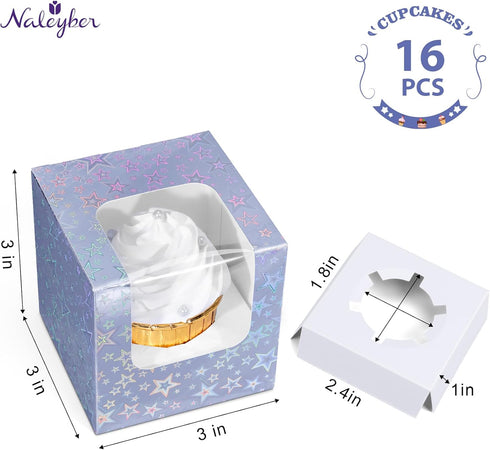 3.5" Sparkling Stars Individual Cupcake Boxes with Window & Insert 16PCS Iridescent Silver Single Cupcake Containers Holder Muffins Cocoa Bombs Co...