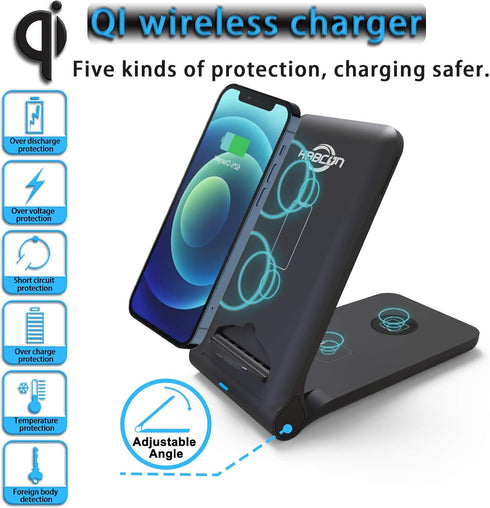 Kabcon Wireless Charger 3 in 1, 15W Foldable Fast Charging Station Compatible for Apple iWatch, AirPods,iPhone 13/13 Pro/12/12 Pro/11/11 Pro Max/X...