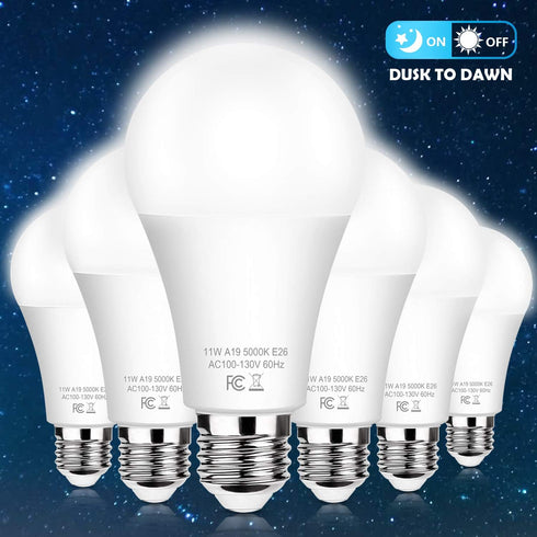 6-Pack Dusk to Dawn LED Light Bulbs, A19 11W(100Watt Equivalent), E26 Basic Automatic On/Off, 1200LM, Daylight White 5000K Smart Sensor Lights, Ou...