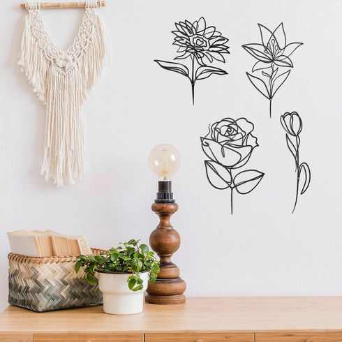 Blulu 4 Pcs Cast Iron Flower Wall Decor 11.81 Inches Metal Wall Hangings Black Minimalist Wire Signs Mid Century Modern Elegance Wall Accents Easy...