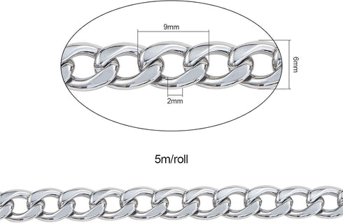 LiQunSweet 5m (16.4 Ft) Stainless Steel Unfinished Curb Chains Unwelded with Spool for Women Men Necklace Bracelet Jewelry Making - 9x6mm...