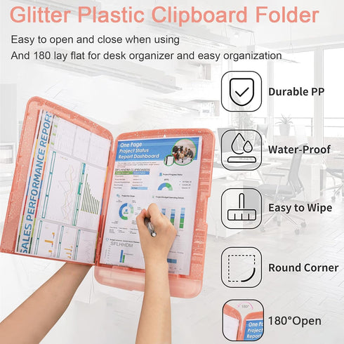 Glitter Clipboard with Storage,Storage Clipboard with Pen Holder,A4 Binder Clip Boards 8.5x11 with Low Profile Clip,Side Opening Sparkle Clipboard...
