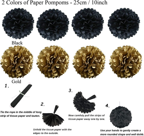 ZERODECO Party Decoration, 21 Pcs Black and Gold Hanging Paper Fans, Pom Poms Flowers, Garlands String Polka Dot and Triangle Bunting Flags for Bi...