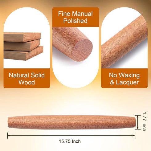 French Rolling Pin, 15.75 Inches Wood Rolling Pins for Baking, Extra Long Classic Wooden Dough Roller for Fondant Pizza Pie Crust Cookie Pastry, K...