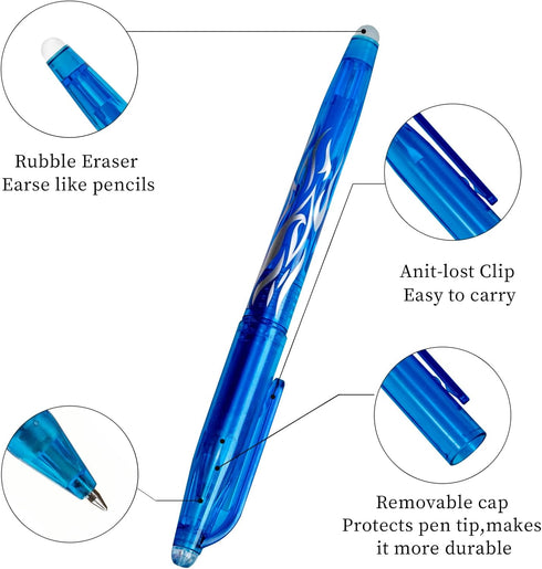 Erasable Gel Pens Blue Pen 0.7mm Fine Point, Pack of (4 Blue Pen+ 8 refills) Blue Ink Erasable Pens for smooth writing office pens back to school ...