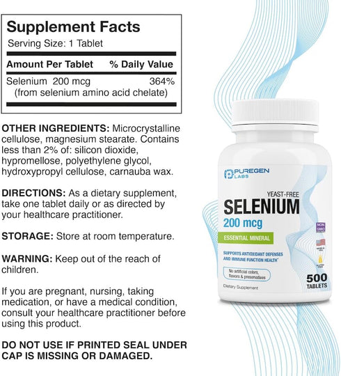 Puregen Labs Selenium 200 mcg Yeast Free Essential Mineral - 500 Vegetarian Tablets | Immune & Antioxidant Support | Non-GMO, Gluten Free, Made in...