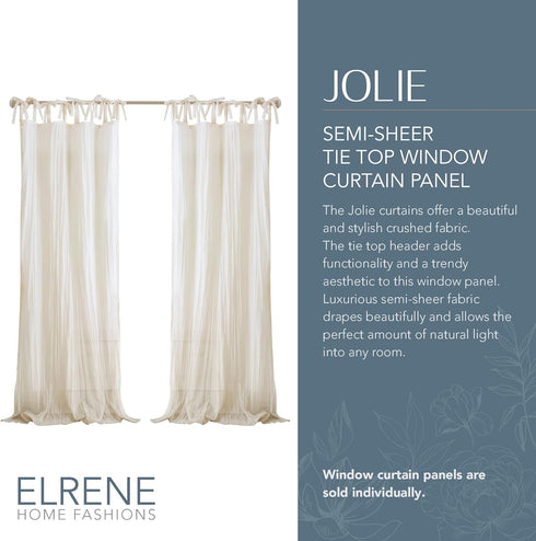 Elrene Home Fashions Jolie Crushed Semi-Sheer Window Curtain, Adjustable Tie-Top Single Panel, 52" x 84" (1 Panel), Ivory...