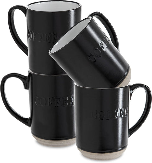 Sheffield Home Set of Stoneware Coffee Mugs- 4 Printed Coffee Cups, Tea Cups, Latte Mugs 16 oz (Black)...