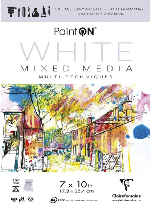 Clairefontaine - Ref 975481C - Paint'ON Mixed Media White Glued Pad (20 Sheets) - 17.8 x 25.4cm (7 x 10in), 250gsm Heavyweight Paper, Acid Free (U...
