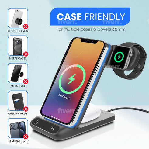 Wireless Charging Station 3 in 1 Wireless Phone and Watch Stand, 20 W Fast Charging, Foldable Travel Charger Stand for iPhone 15 14 13 12, for App...