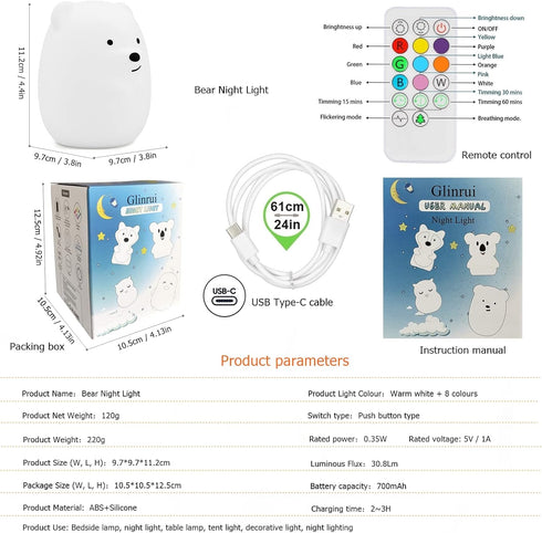 Bear Night Lights for Kids, Bedside lamp for Children, Baby Nursery Light - Break Resistant/Eye Caring/Adjustable Brightness Color/Time Setting/Gi...