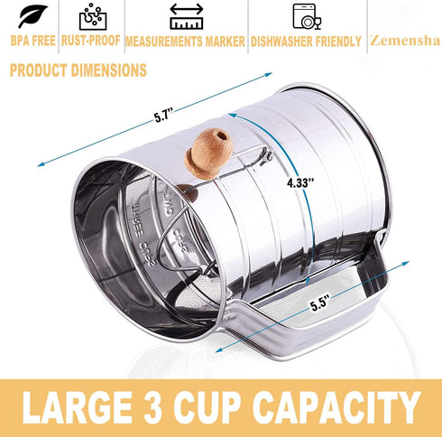 Stainless Steel 3 Cups Flour Sifter for baking | Rotary Hand Crank Powdered sugar shaker and flour duster|...
