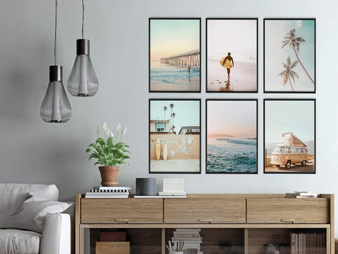 iMagitek Set of 6 Unframed California Coastal Surf Wall Art Prints, Beach Sunset Wall Poster, Surfboard Wall Art (8" x 10")...