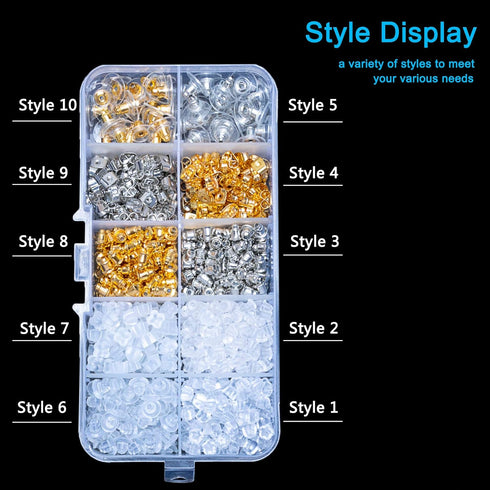 1080pcs Earring Backs, Safety Back Pads backstops Stopper, Clear Rubber Bullet Shape Butterfly Plastic Secure Earring kit (10styles)...