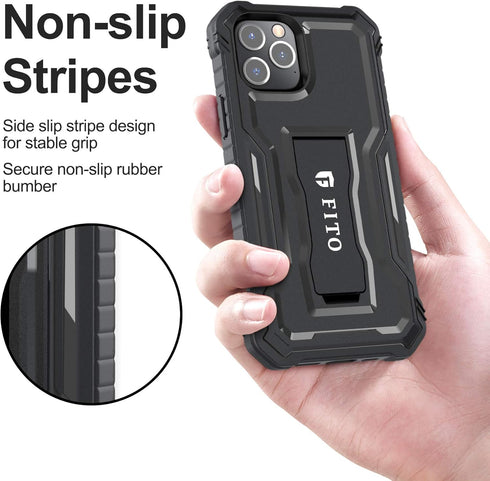 FITO Case for iPhone 12 & iPhone 12 Pro, Dual Layer Shockproof Heavy Duty Case with Screen Protector, Built-in Kickstand (Black, 6.1 inch)...