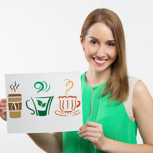 FINGERINSPIRE Hot Drinks Stencil for Painting 11.8x11.8inch Reusable Cups Mugs Stencil Large Coffee Tea Drawing Template Daily Theme Stencil for P...