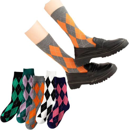 Argyle Socks Retro High Ankle Women 5 Pairs British Style Cute Plaid Mid-calf Casual Crew Socks...