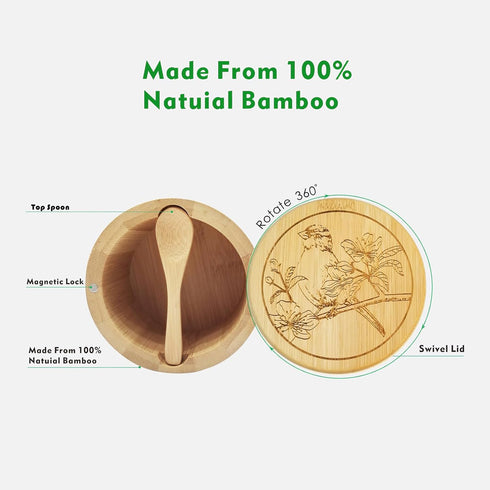 Salt Box Bamboo Salt Container with Lid and Spoon Bird Pattern Cellar with Magnetic Lock Swivel Lid Pepper Sugar Sea Salt Spice Seasoning Holder K...