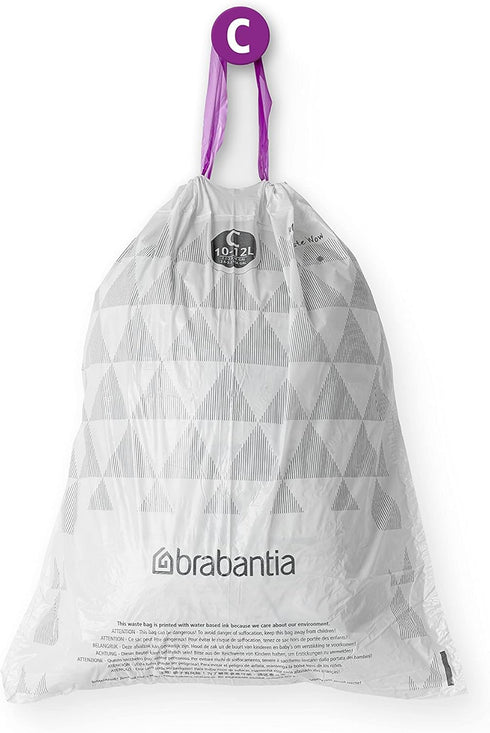 Brabantia PerfectFit Trash Bags (Size C/2.6-3.2 Gal) Thick Plastic Trash Can Liners with Drawstring Handles (40 Bags)...