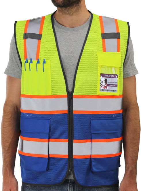 Reflective Mesh Vest High Visibility Two Tone with Pockets and Zipper, Yellow and Blue Mesh with Orange Trim M...