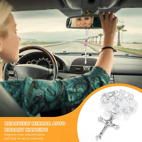 2 Pieces Car Rosary Rearview Mirror Auto Rosary Religious Car Mirror Hanging Accessories for Car Personalized Protection Charm for Auto Decors (Wh...