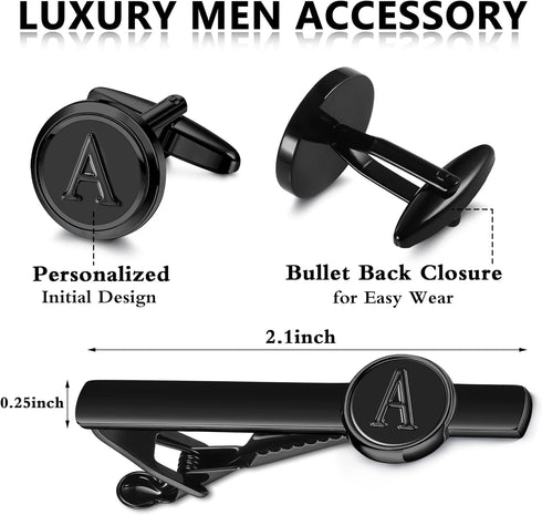 Jstyle Black Initial Cufflinks and Tie Clip Set for Men Personalized Stainless Steel Tuxedo Shirt Cuff Links and Tie Bar Letter Alphabet A-Z Gift ...