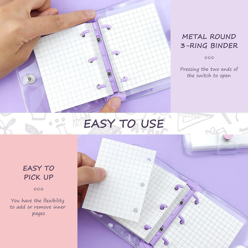 2 Pack Mini Transparent 3 Ring Binder Covers with Binder Inner Paper and Pockets, Clear Soft PVC Notebook Closure Loose Leaf Folder with Snap Butt...